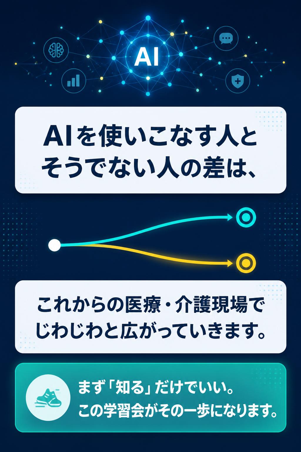AIを使いこなす人とそうでない人の差は、
これからの医療・介護現場でじわじわと広がっていきます。
まず「知る」だけでいい。この学習会がその一歩になります。