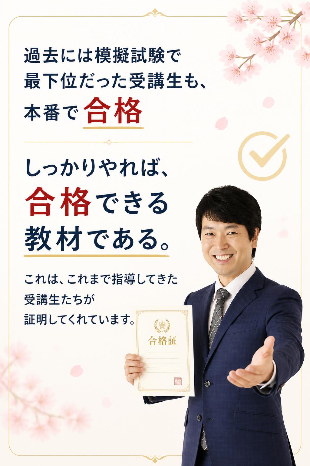 > - 過去には模擬試験で最下位だった受講生も、本番で合格

> しっかりやれば、合格できる教材である。これは、これまで指導してきた受講生たちが証明してくれています。